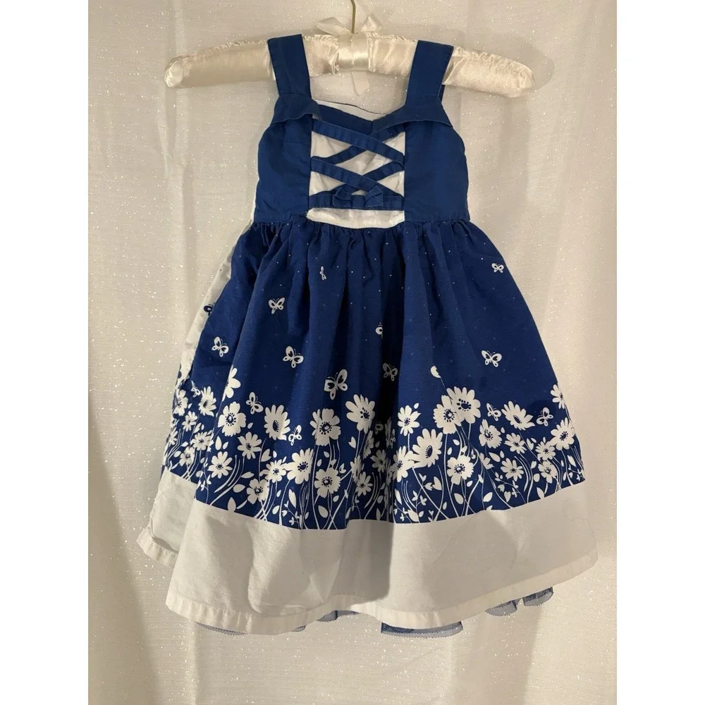 The Children's Place Girls 3T Blue/White Floral Sleeveless A-Line Knee Dress